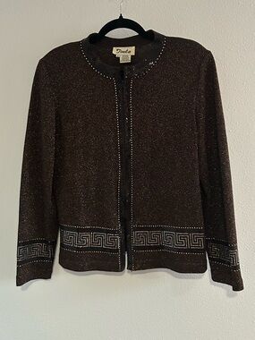 Toula Brown Metallic Knit Zip-Front Sweater Jacket